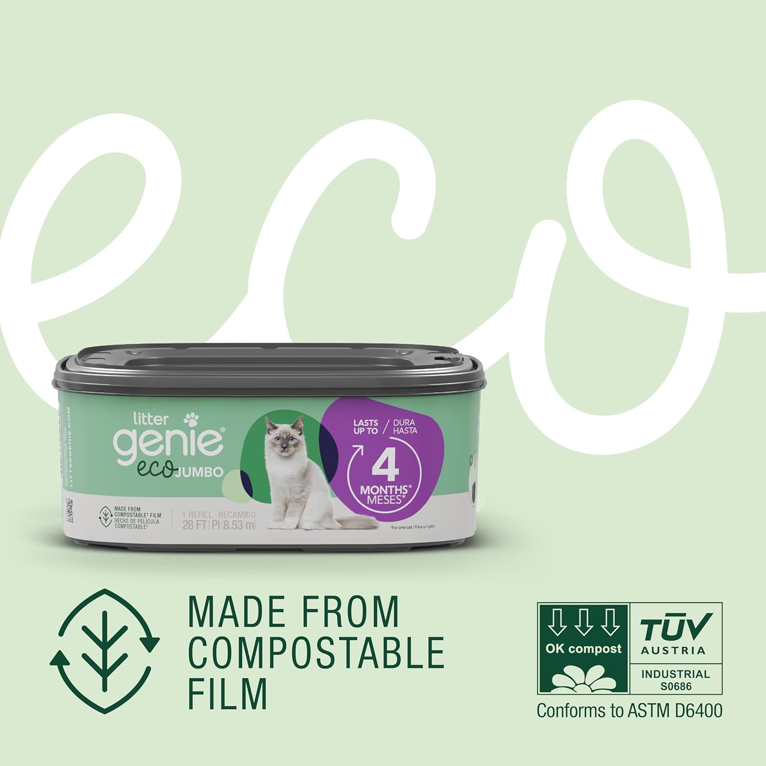 Litter Genie Recargas ecológicas  Bolsas compostables para arena para gatos Jumbo 1 paquete  Hasta 4 meses de suministro en 1 cartucho