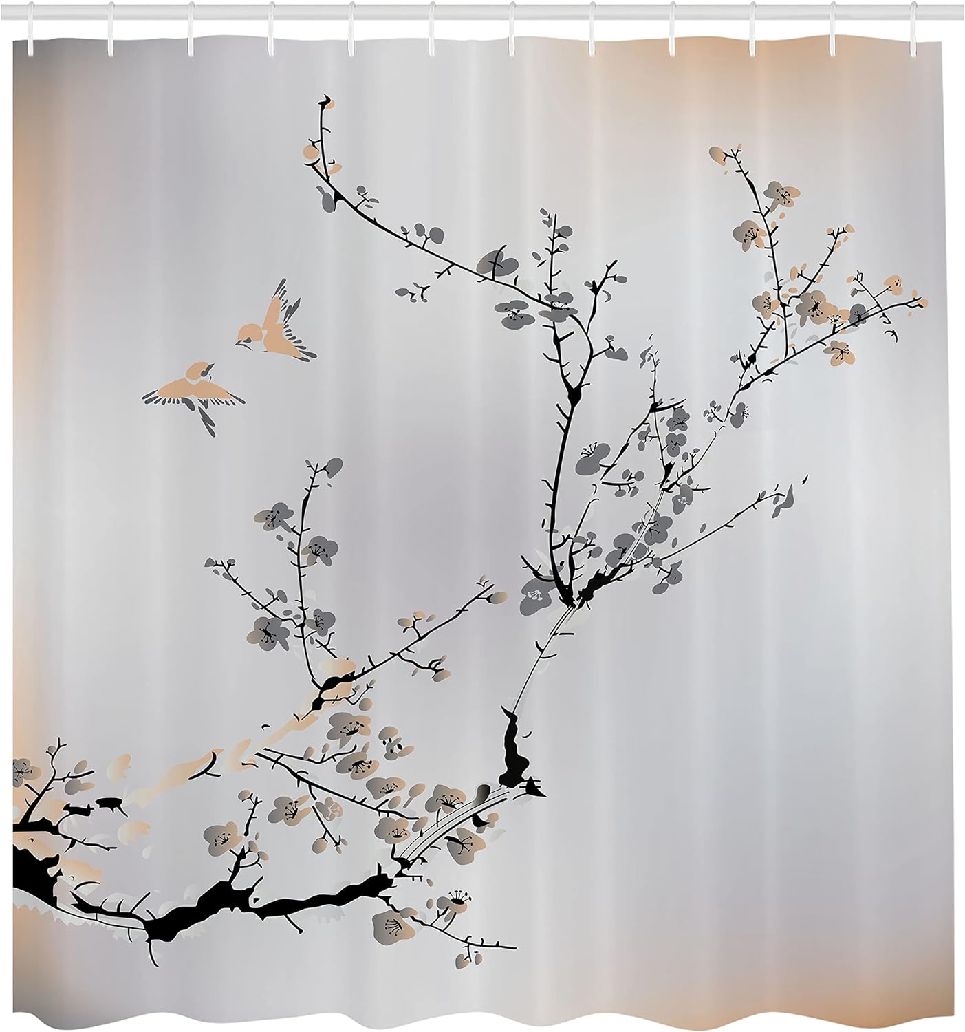 Ambesonne Cortina de ducha natural, flores pájaros con diseño de cerezo asiático, juego de tela con ganchos para decoración de baño, artículos