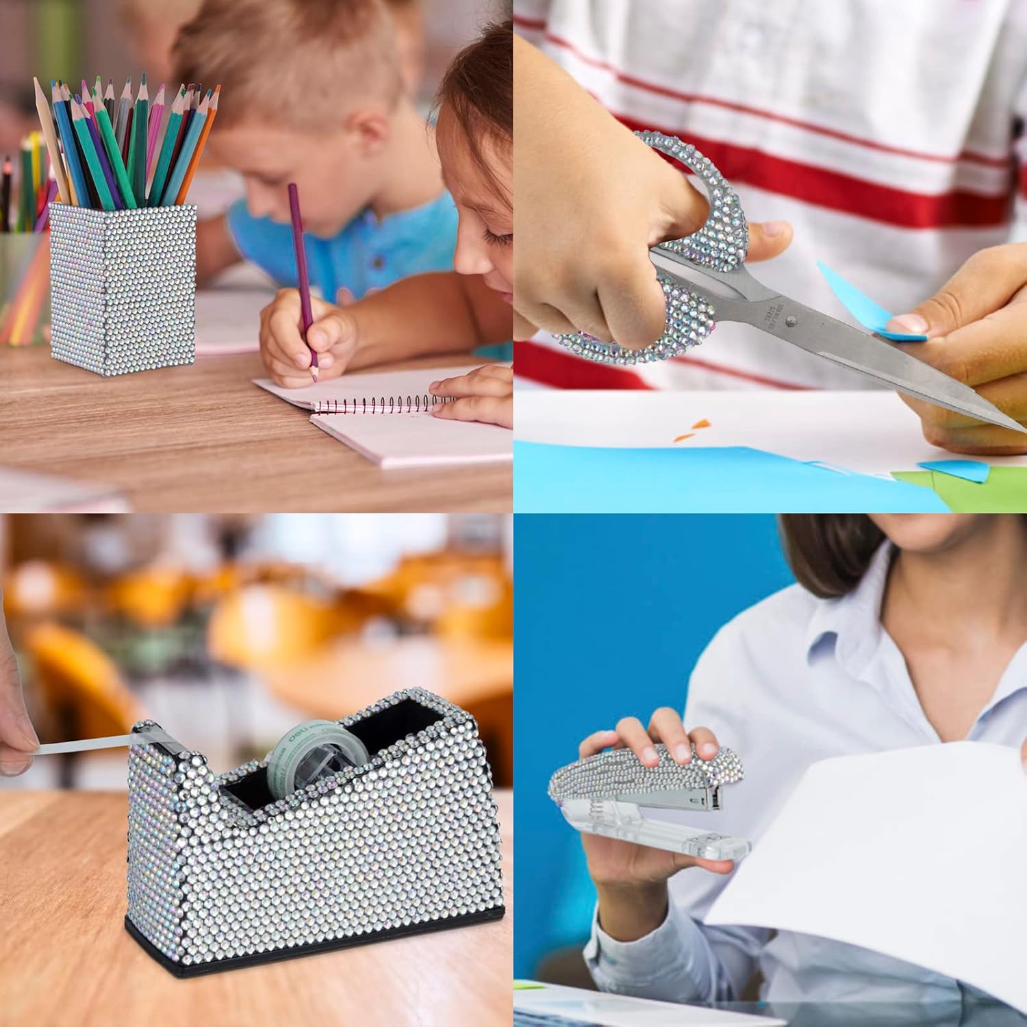 sugarchef Bling Rhinestone – Kit de papelería hecho a mano, 5 piezas, soporte para lápices, organizador de pinceles, grapadora, dispensador de