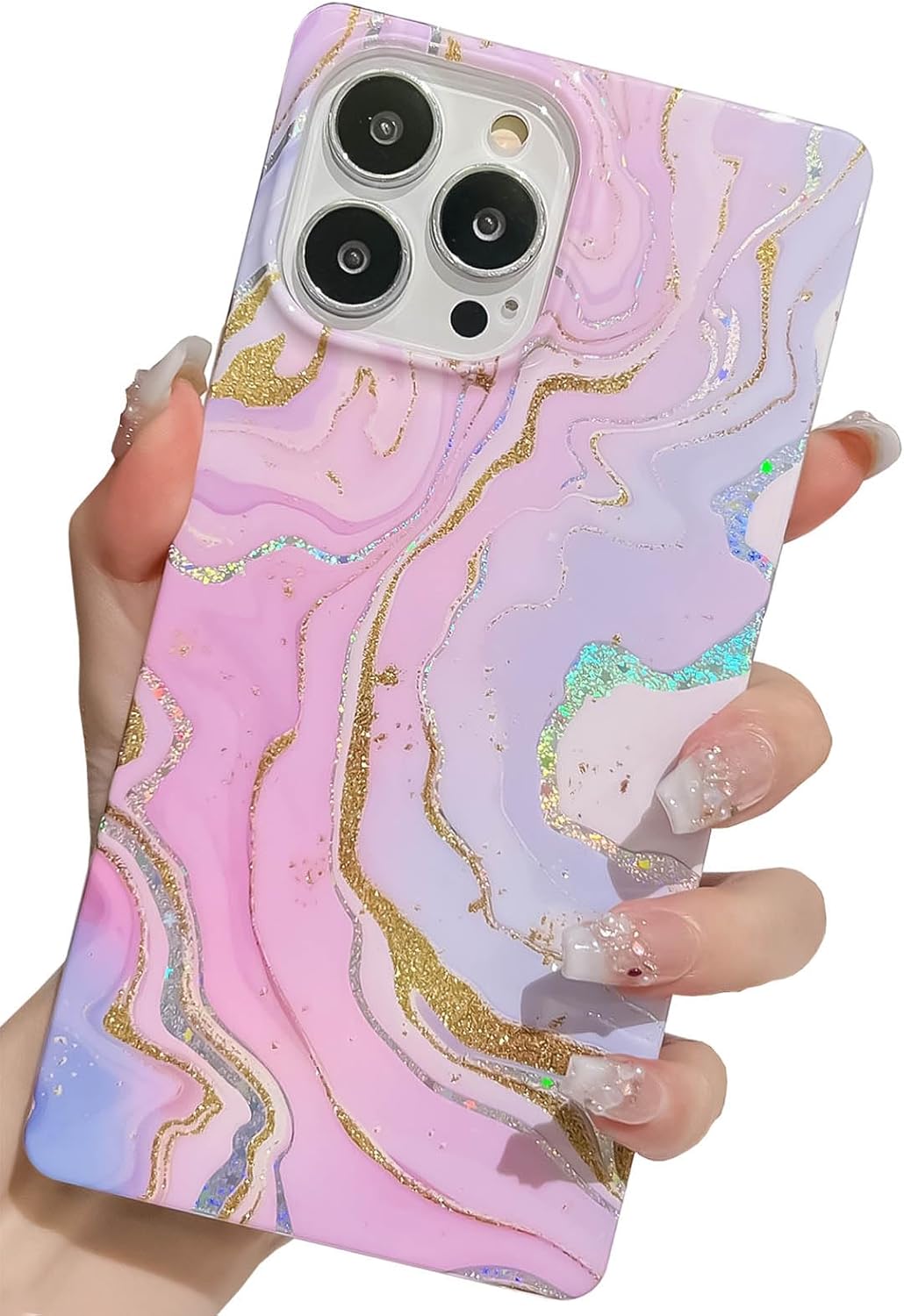 KERZZIL Funda de lujo con diseño de mármol con purpurina para iPhone 12 Pro Max, con borde cuadrado, elegante y delgado, chapado en oro, goma de