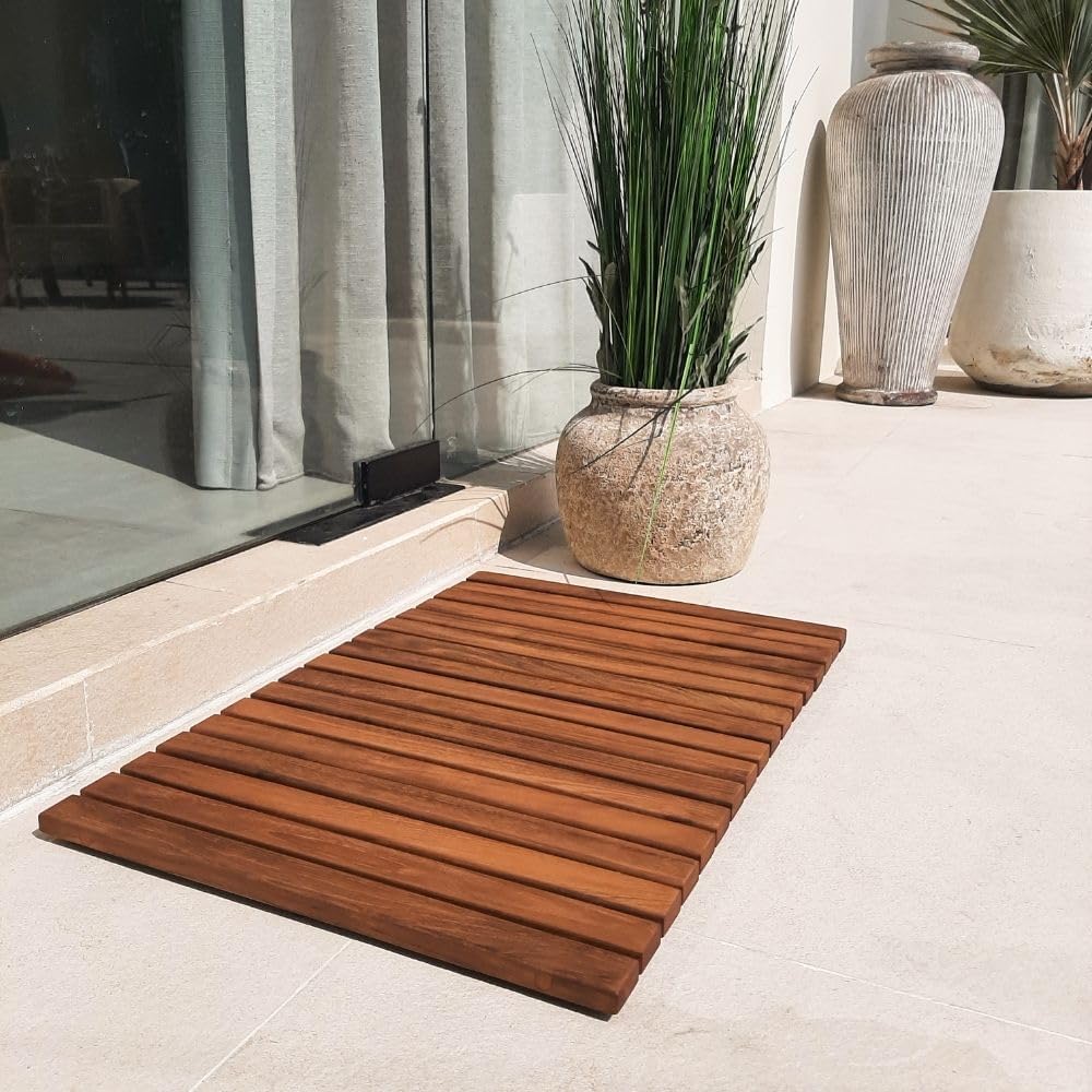 Nordic Style Teak Alfombra de ducha y baño, uso en interiores y exteriores, plataforma de madera antideslizante para sauna, piscina, decoración de