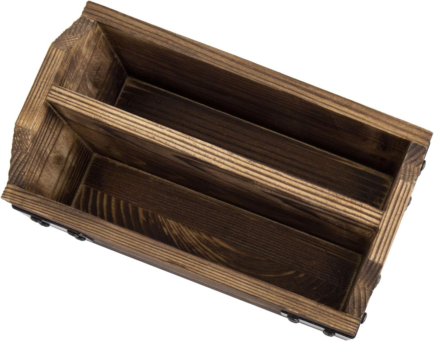 MyGift Organizador rústico de madera quemada para TV, organizador de almacenamiento para mesa con 2 compartimentos y detalles decorativos de metal