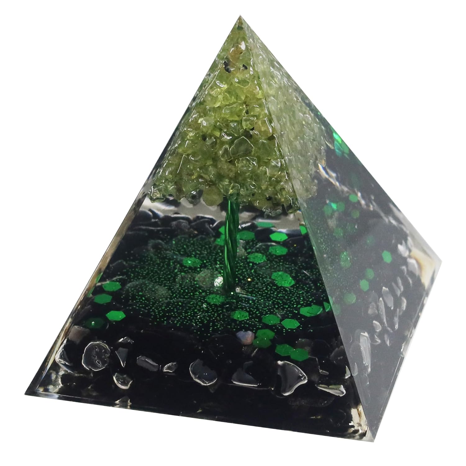 Handmade Crystals Orgone Pyramid, Tree of Life, Peridot & Black Obsidian Orgonite Pyramids Energy Generator, NP01001-01006