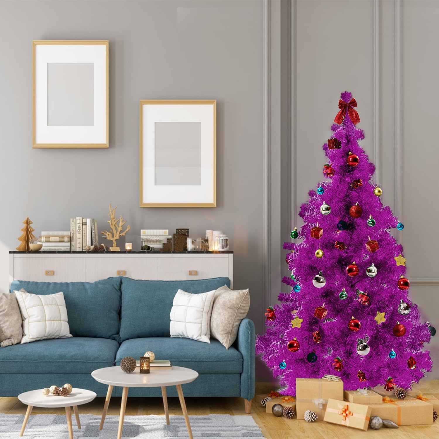 Árbol de Navidad morado, árbol de Navidad de Halloween de 6 pies para decoración de fiestas de temporada, árbol de vacaciones artificial con 550