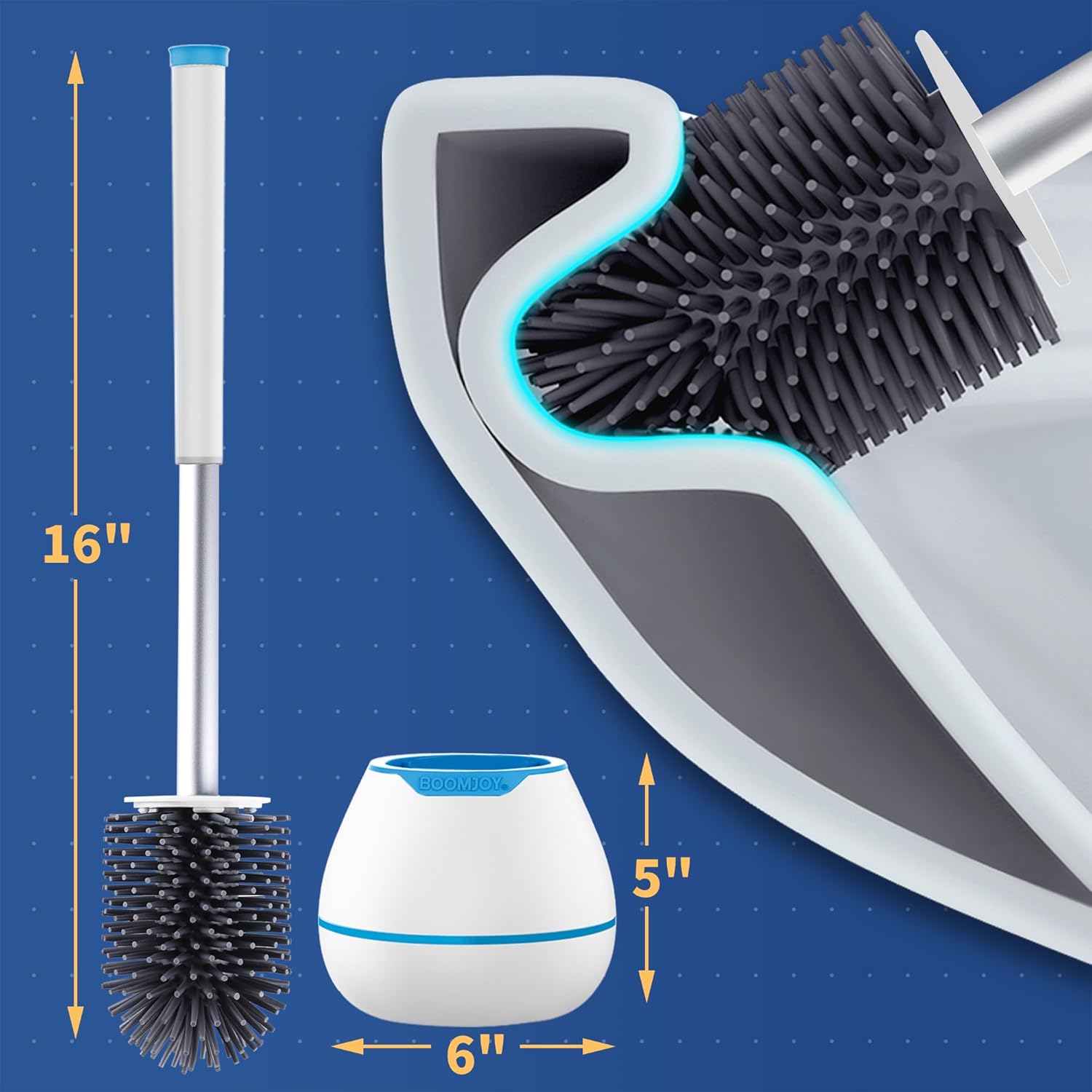 BOOMJOY Juego de escobilla y soporte de inodoro, cepillo limpiador de inodoro de silicona, cepillo limpiador de inodoro con pinzas para limpieza de