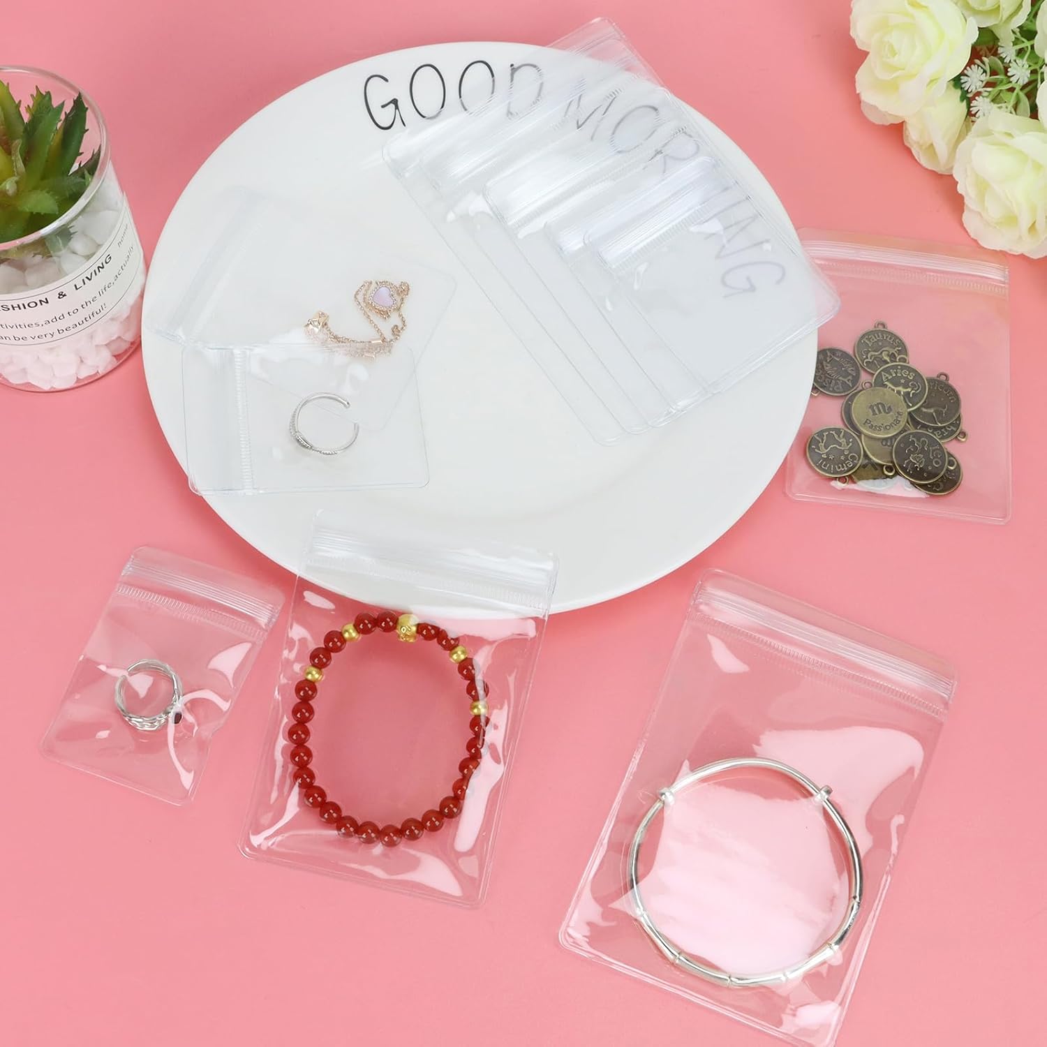 200 bolsas transparentes autosellables para joyas, bolsas de almacenamiento de joyas de PVC, bolsas organizadoras de joyas para aretes y collares (5
