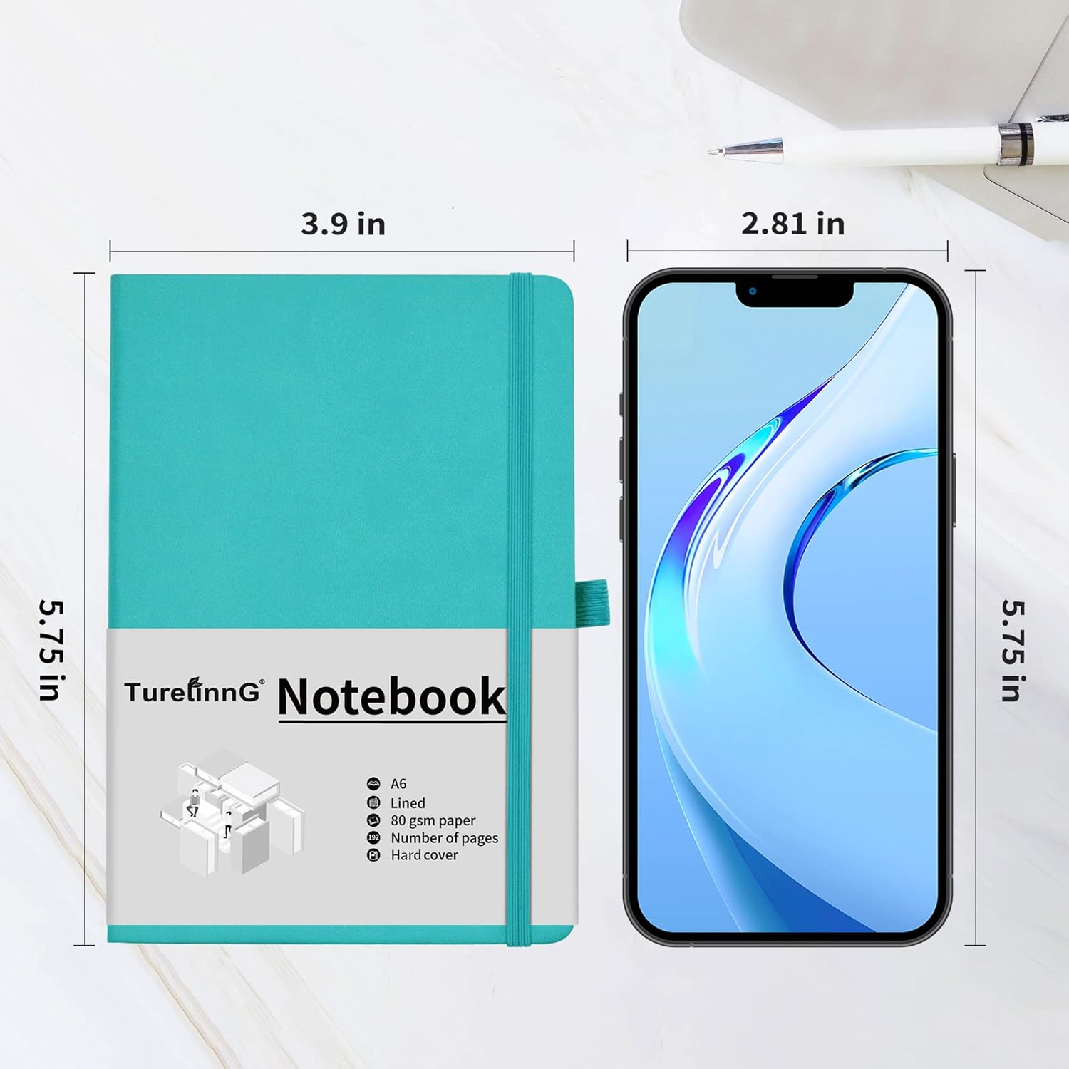 Cuaderno de diario rayado de 192 páginas (azulverde) cuaderno pequeño tamaño A6, cuaderno de bolsillo forrado con soporte para bolígrafo, tapa dura,
