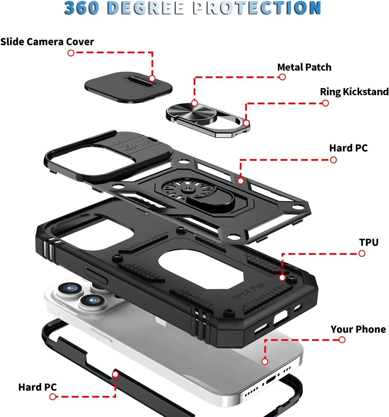 Funda para iPhone 15 Pro con 2 protectores de pantalla de vidrio templado con cubierta de cámara y anillo magnético de soporte de grado militar, a