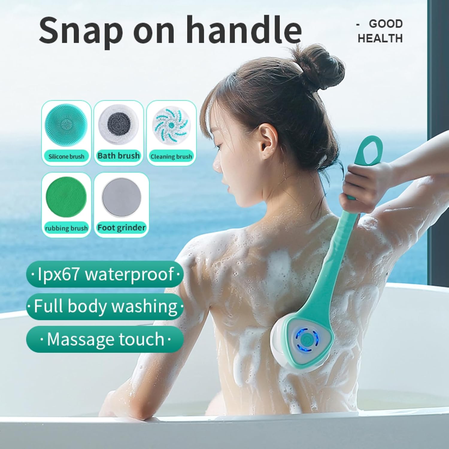 Cepillo eléctrico recargable para la parte posterior de la ducha, mango largo, exfoliante, rotativo, para ducha, baño, limpieza facial, limpiador de