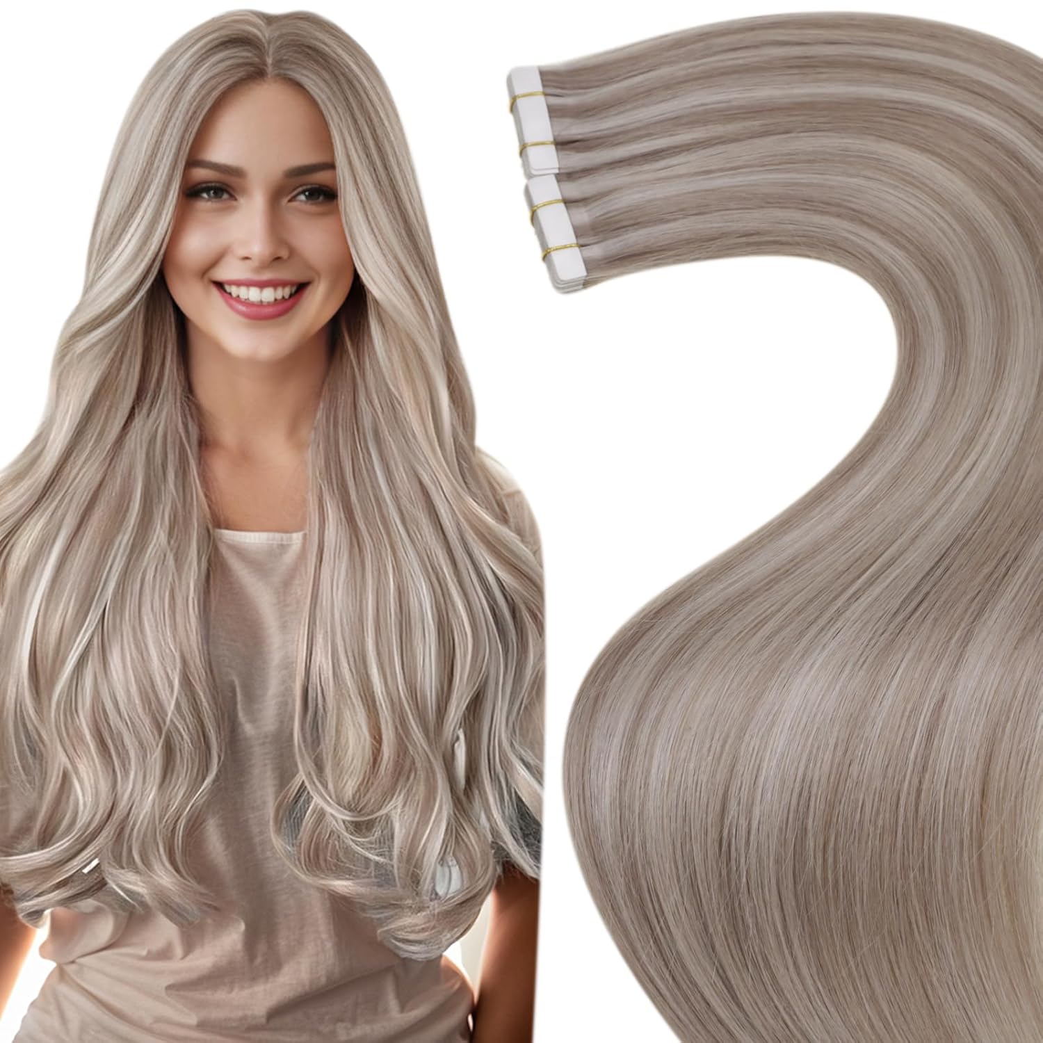 LaaVoo Extensiones de cabello humano con cinta adhesiva invisible de doble cara, 20 unidades, 1.06 oz, 12 pulgadas, color rubio platino, sin