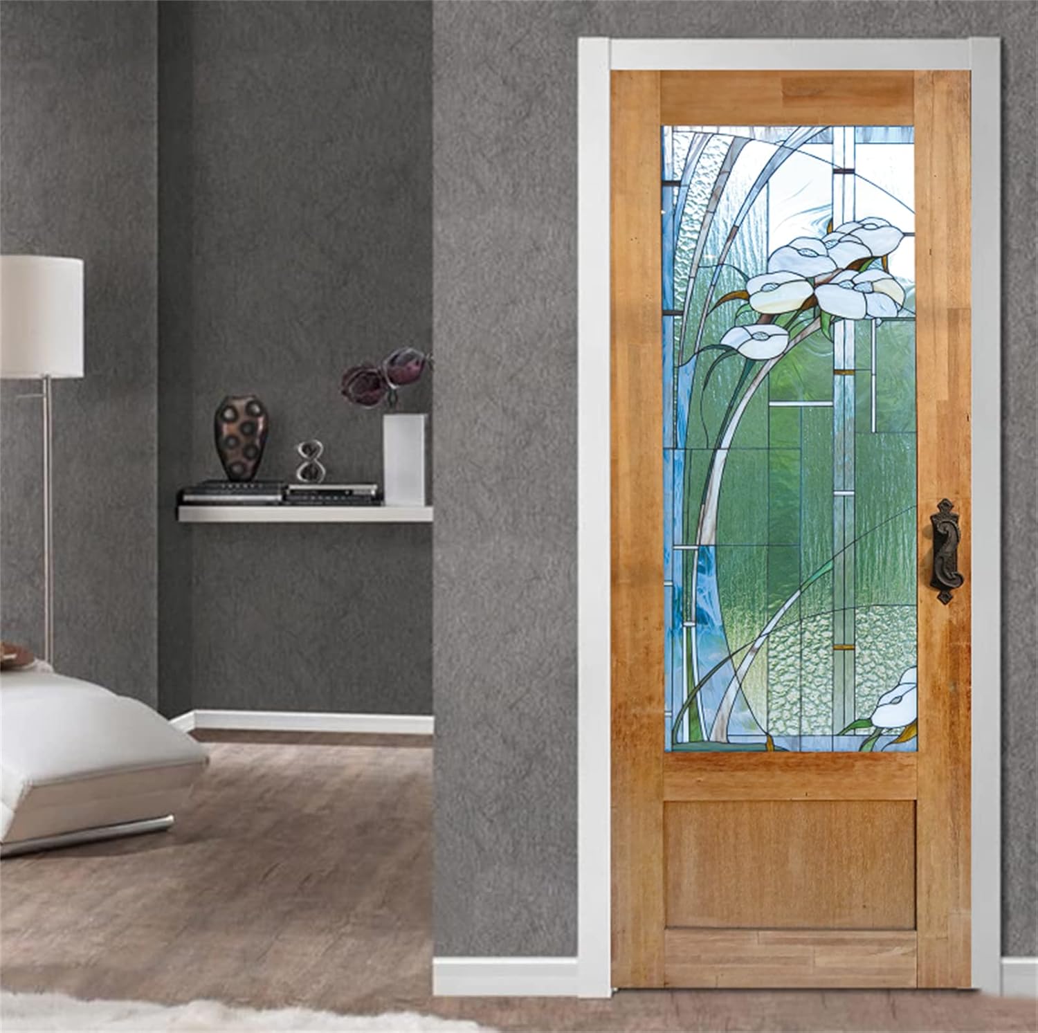 artfanke Adhesivo para puerta de vidrieras 3D, murales de madera retro, papel tapiz autoadhesivo para puerta, calcomanía impermeable para puerta del