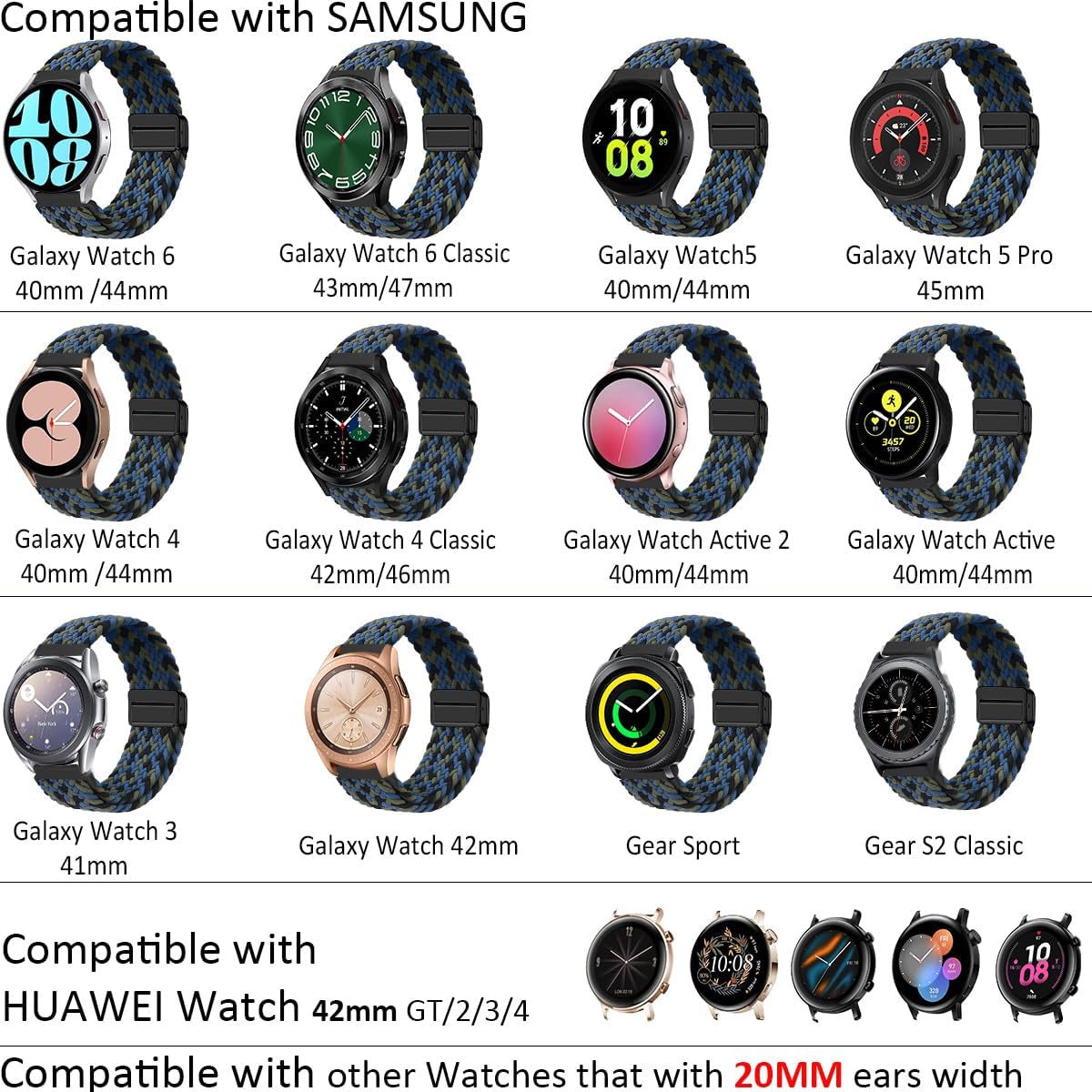 Correa de 0.787 in compatible con Samsung Galaxy Watch 4, 5 y 6 de 1.73 pulgadas, 1.57 pulgadas, 6 Classic de 1.73 pulgadas, 1.77 pulgadas, 5 Pro de