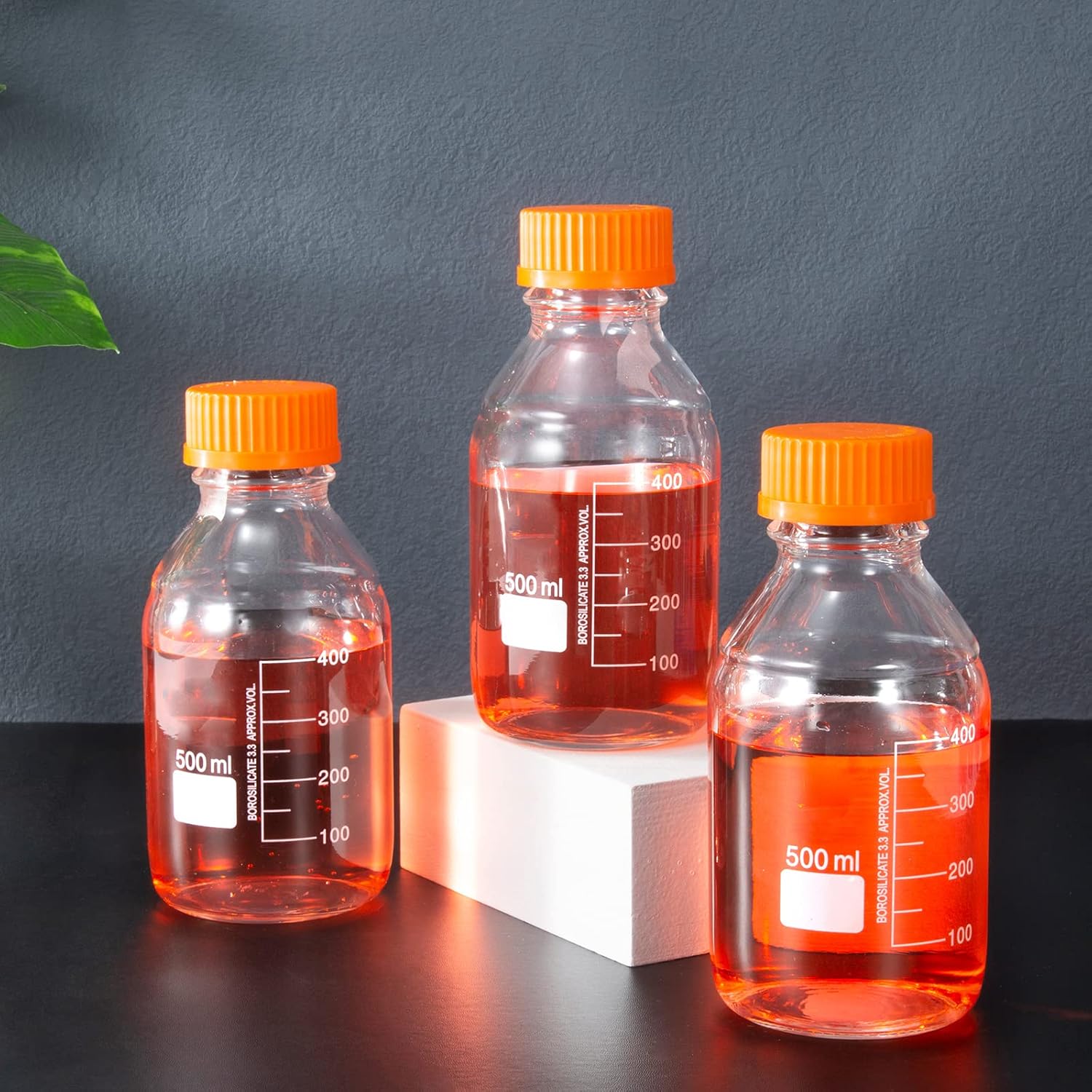 Botellas redondas de almacenamiento de medios de 16.9 fl oz con tapa de rosca GL45, vidrio de borosilicato, temperatura máxima 249.8 F, paquete de 3
