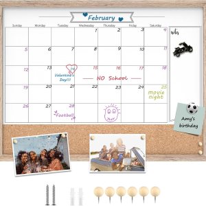 Pizarra blanca con calendario y corcho, 18 x 24 pulgadas, pizarra blanca de borrado en seco y tablón de anuncios, calendario de marco marrón Pizarra blanca con calendario y corcho, 18 x 24 pulgadas, pizarra blanca de borrado en seco y tablón de anuncios, calendario de marco marrón