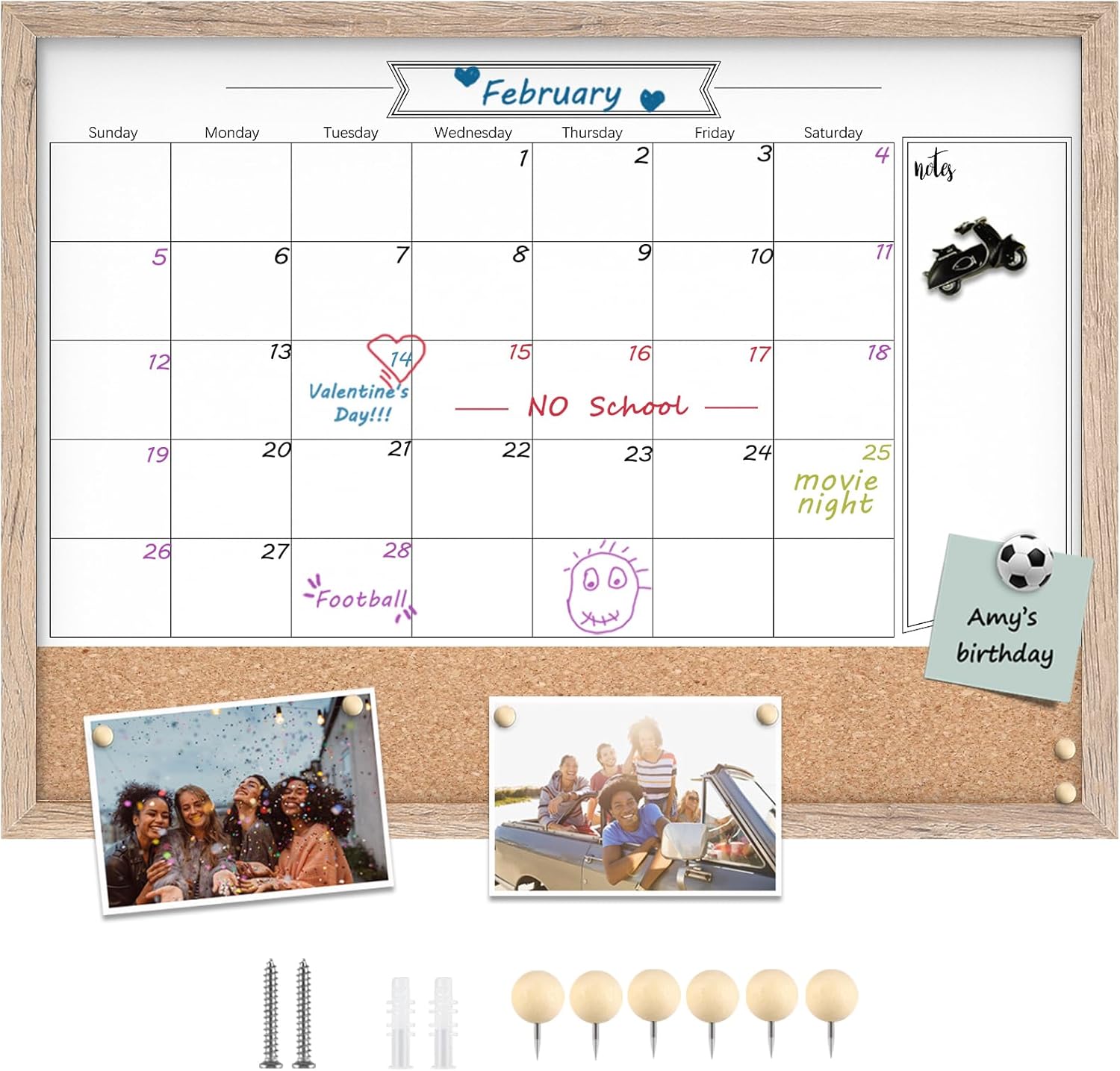 Pizarra blanca con calendario y corcho, 18 x 24 pulgadas, pizarra blanca de borrado en seco y tablón de anuncios, calendario de marco marrón