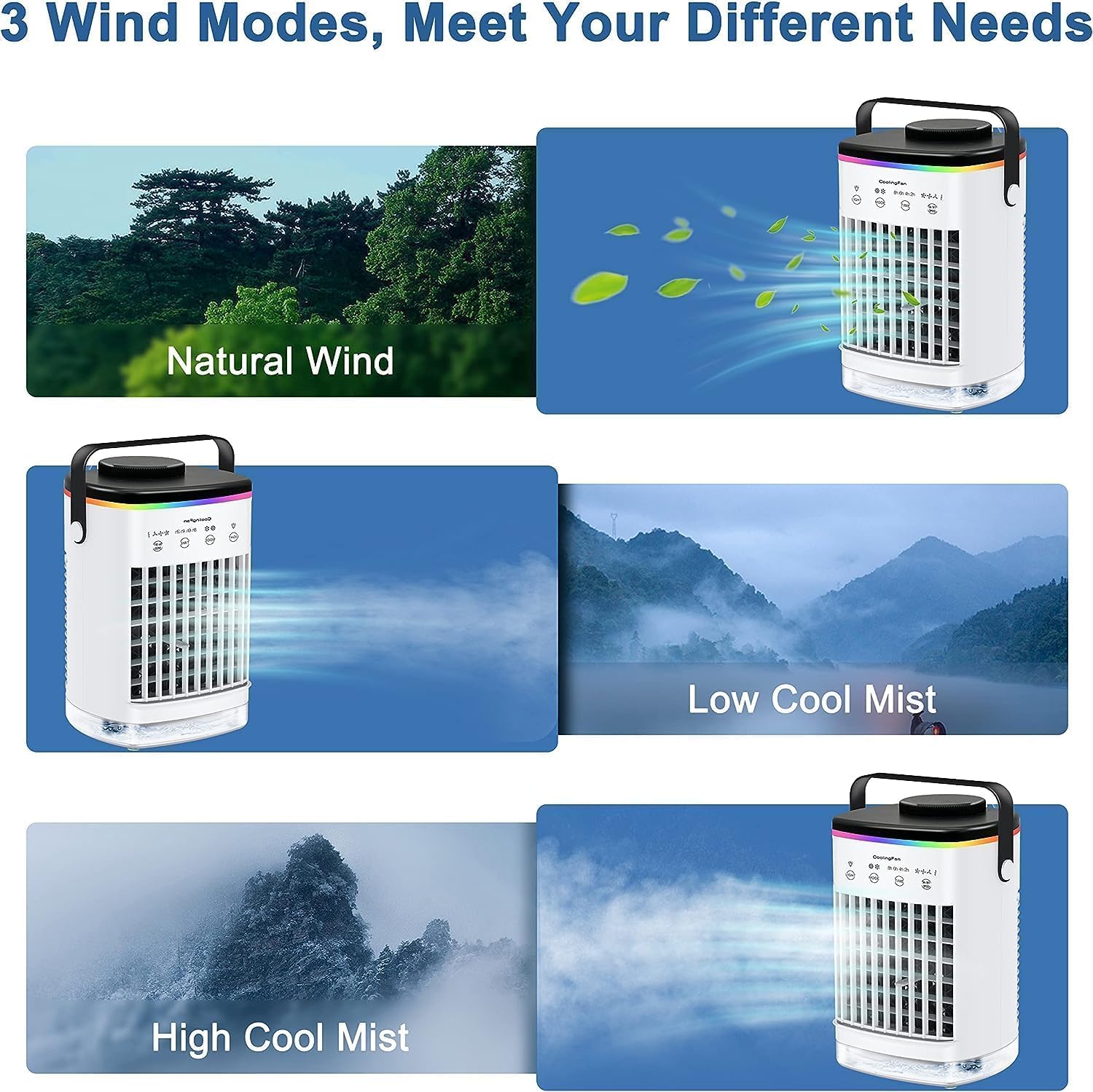 Aire acondicionado portátil, mini ventilador de aire acondicionado portátil, 4 velocidades de viento y 7 luces LED, 2 pulverizadores de aire frío y
