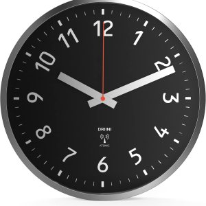 Driini Reloj de pared atómico analógico, autoajustable y funciona con pilas, marco de metal plateado cepillado de 12 pulgadas con cara negra, Driini Reloj de pared atómico analógico, autoajustable y funciona con pilas, marco de metal plateado cepillado de 12 pulgadas con cara negra,