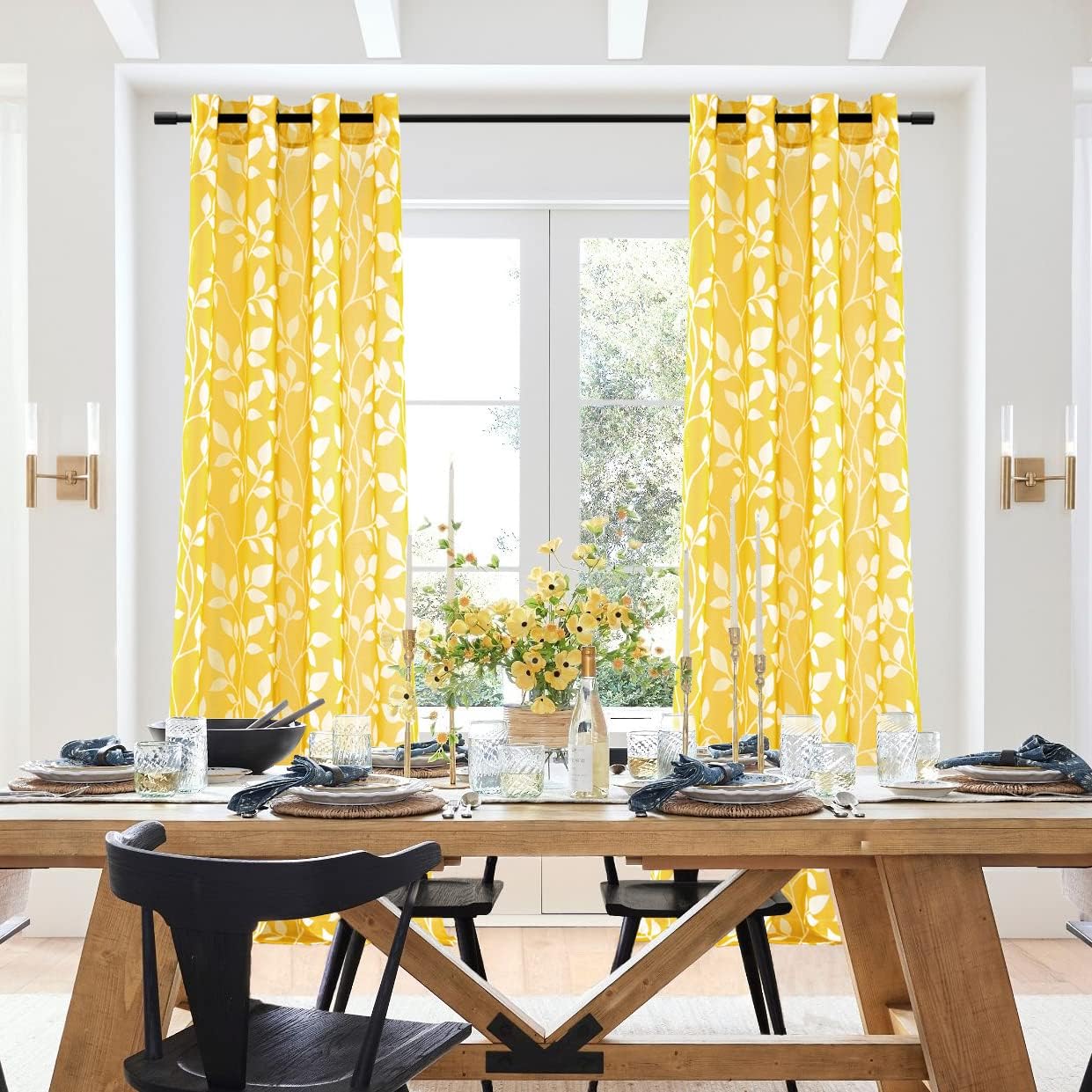 XTMYI Cortinas amarillas de 108 pulgadas de largo para sala de estar, juego de 2 paneles de hojas transparentes con estampado floral, cortinas