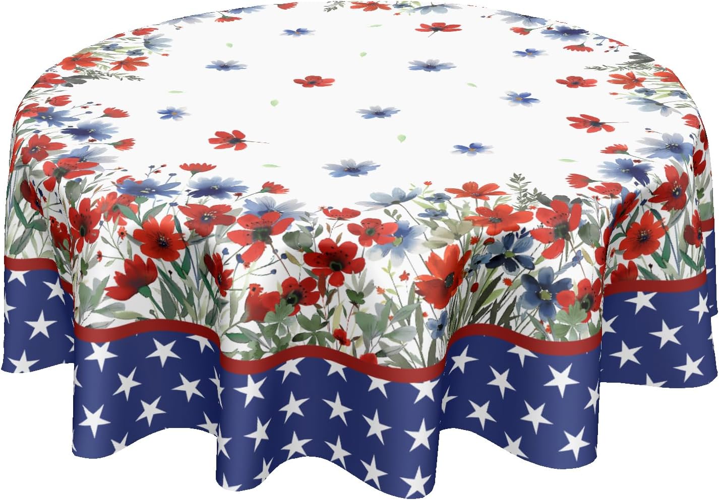 Mantel redondo para el 4 de julio, 60 pulgadas, diseño de acuarela rojo y azul, floral, patriótico, Día de la Independencia, Día de los Caídos,