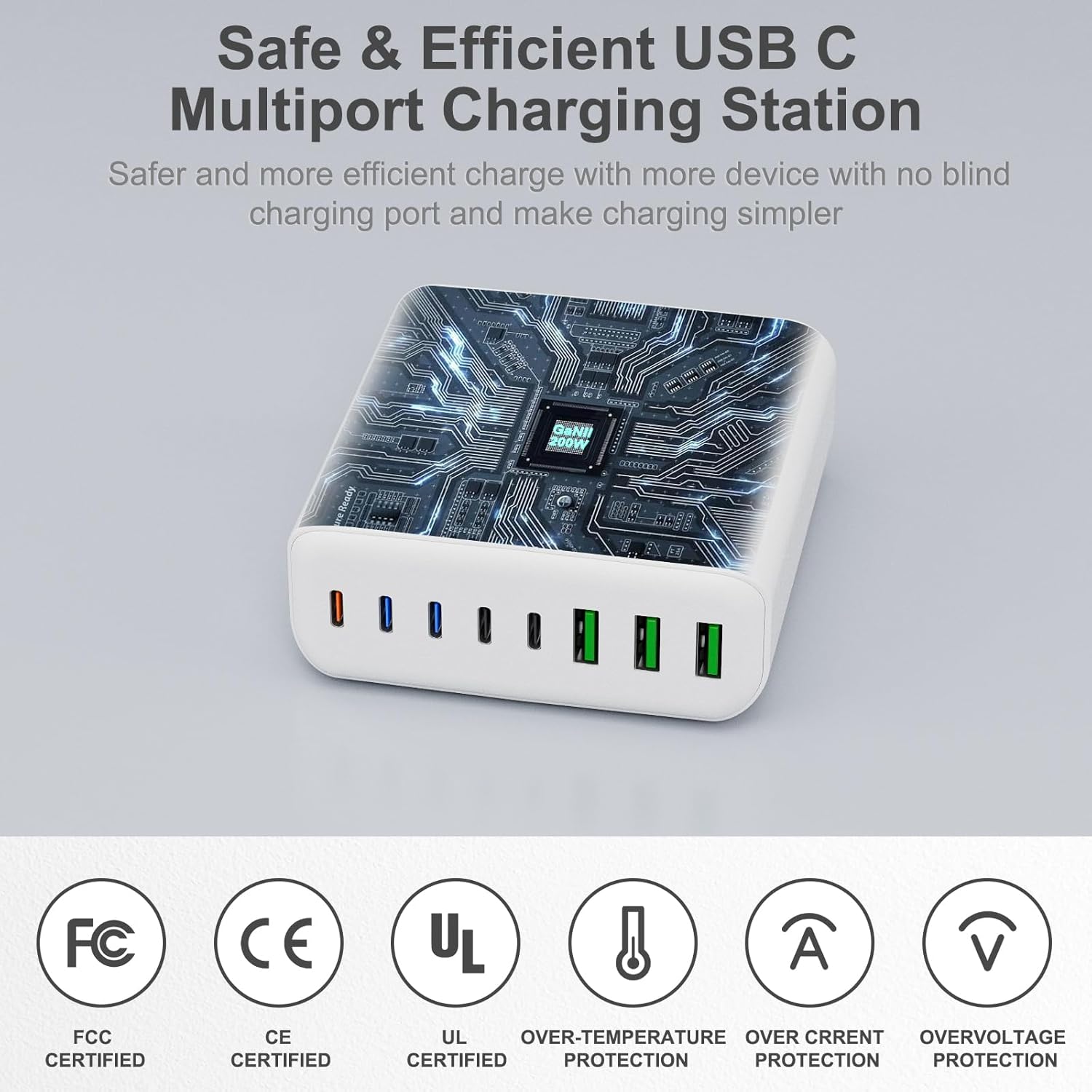 Cargador USB C de 265 W, estación de carga USB C de escritorio de 8 puertos, cargador USB C de 65 W para laptop compatible con MacBook ProAir,