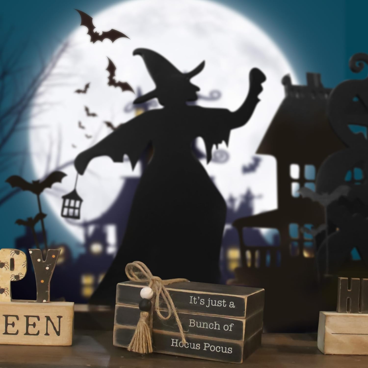 It’s Just A Bunch of Hocus Pocus, libros decorativos apilados de madera, decoración de mesa de madera, decoración de Halloween de madera rústica de