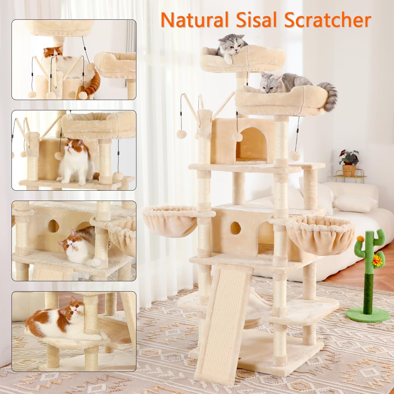 KZLAA Árbol grande para gatos de 69 pulgadas de alto, torre resistente para gatos de varios niveles, soporte de escalada para gatos de interior con