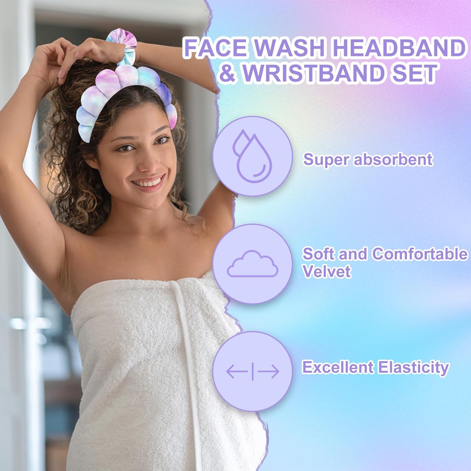 CAVETEE Diadema de maquillaje para mujer, diadema de cuidado de la piel para lavar la cara, bonita diadema de spa hinchada teñida con banda elástica
