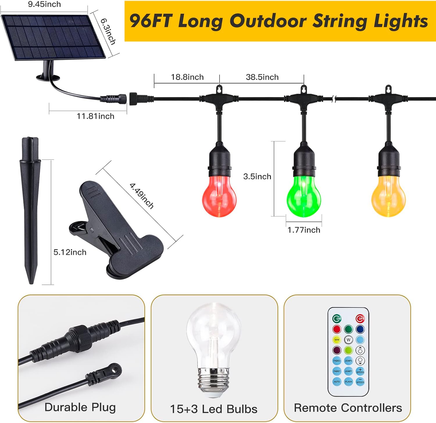 Luces solares multicolores, tira de luces de patio al aire libre regulable de 96 pies con bombillas Edison inastillables, control remoto, luces