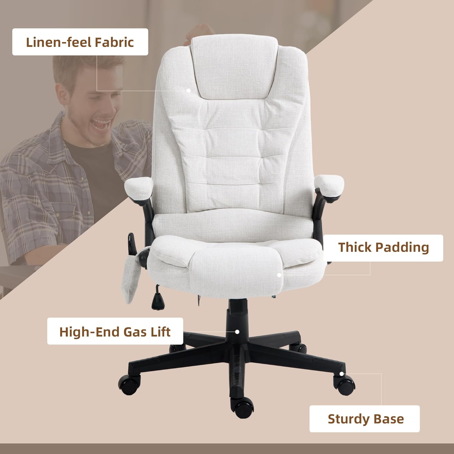HOMCOM Silla de oficina de masaje vibratorio de 6 puntos con calor, silla de oficina ejecutiva de lino con respaldo alto y respaldo reclinable,