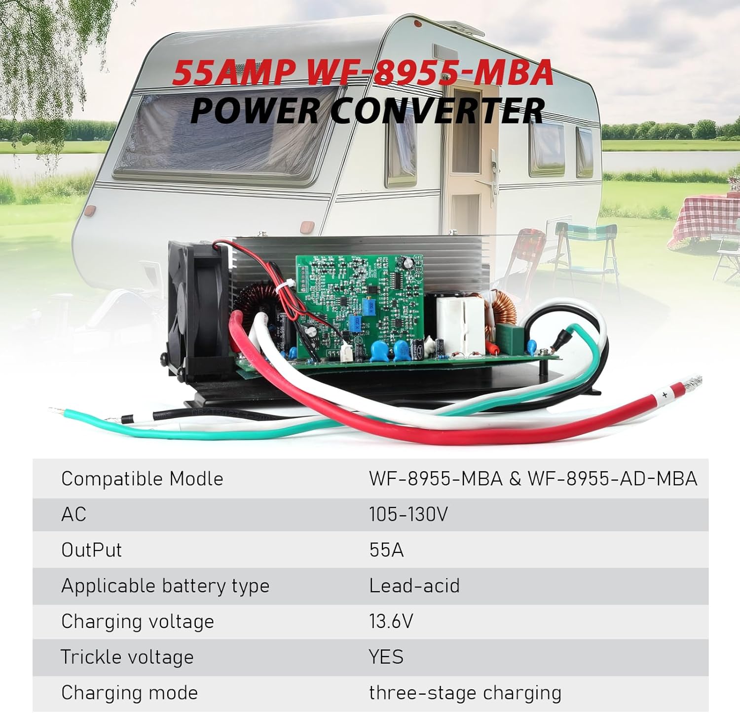 WF-8955-MBA para batería de plomo-ácido RV, 55 amperios para convertidor de potencia WF-8955PEC, carga inteligente de tres etapas de 13.6V,
