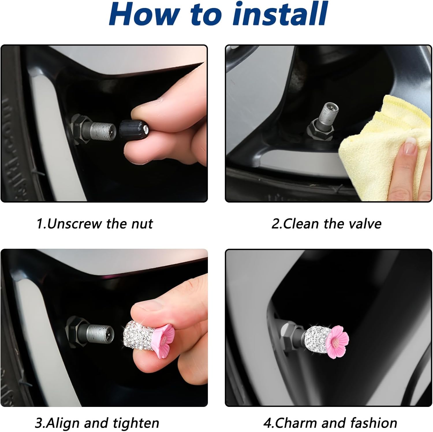 Paquete de 4 tapones de válvula de neumático de automóvil con diamantes de imitación de cristal, flor de Sakura, a prueba de polvo, accesorios