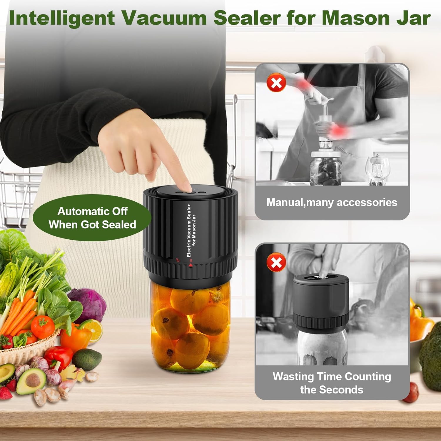 Sellador al vacío eléctrico para tarros Mason de cierre automático para tarros Mason de boca regular y ancha, máquina selladora al vacío inteligente