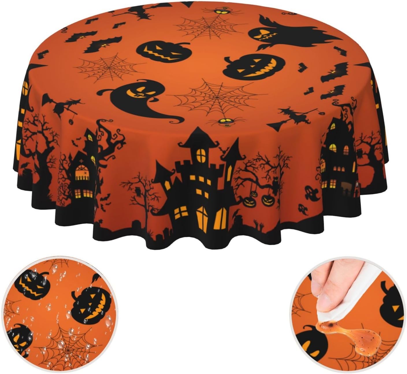Gianlaima Mantel redondo de tela de araña de Halloween, diseño de calabaza, murciélago, bruja, impermeable, lavable, para el hogar, restaurante,