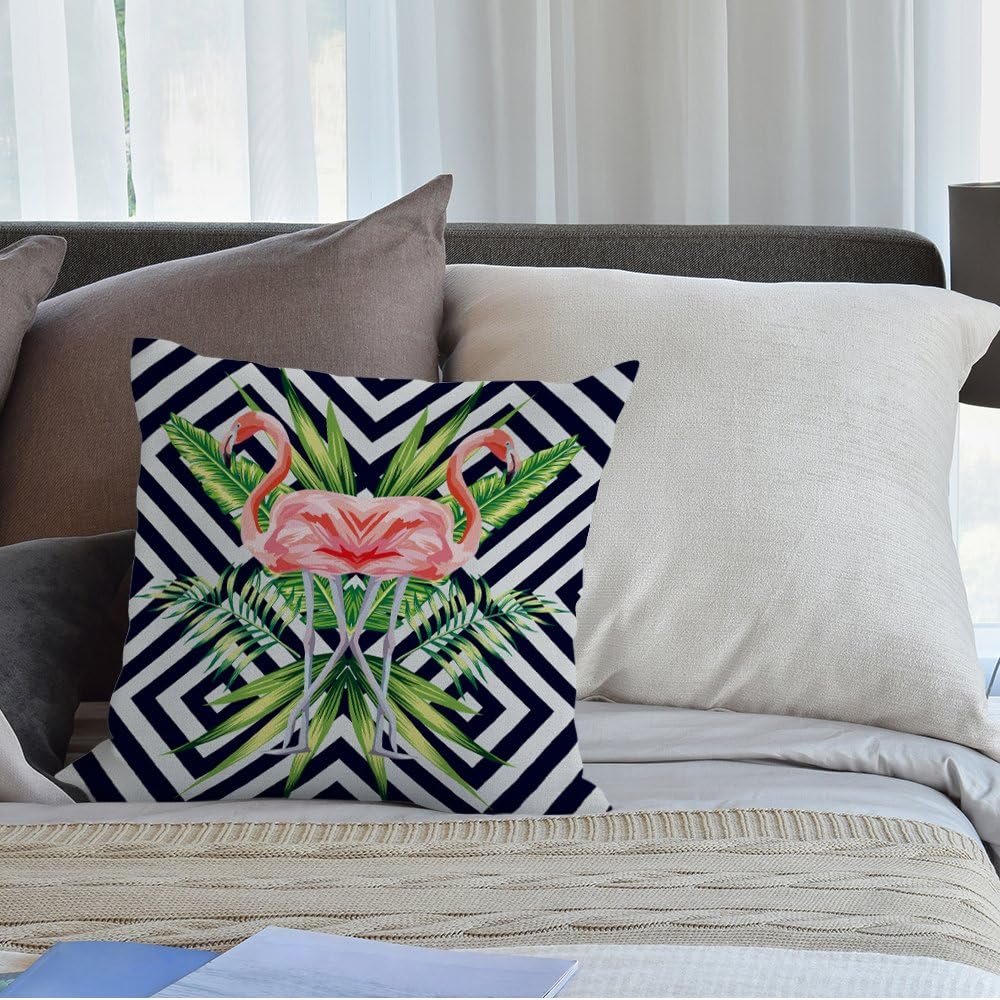 HGOD Designs – Funda de almohada decorativa con diseño de flamenco rosa con hojas de plátano tropicales, funda de almohada cuadrada de lino y