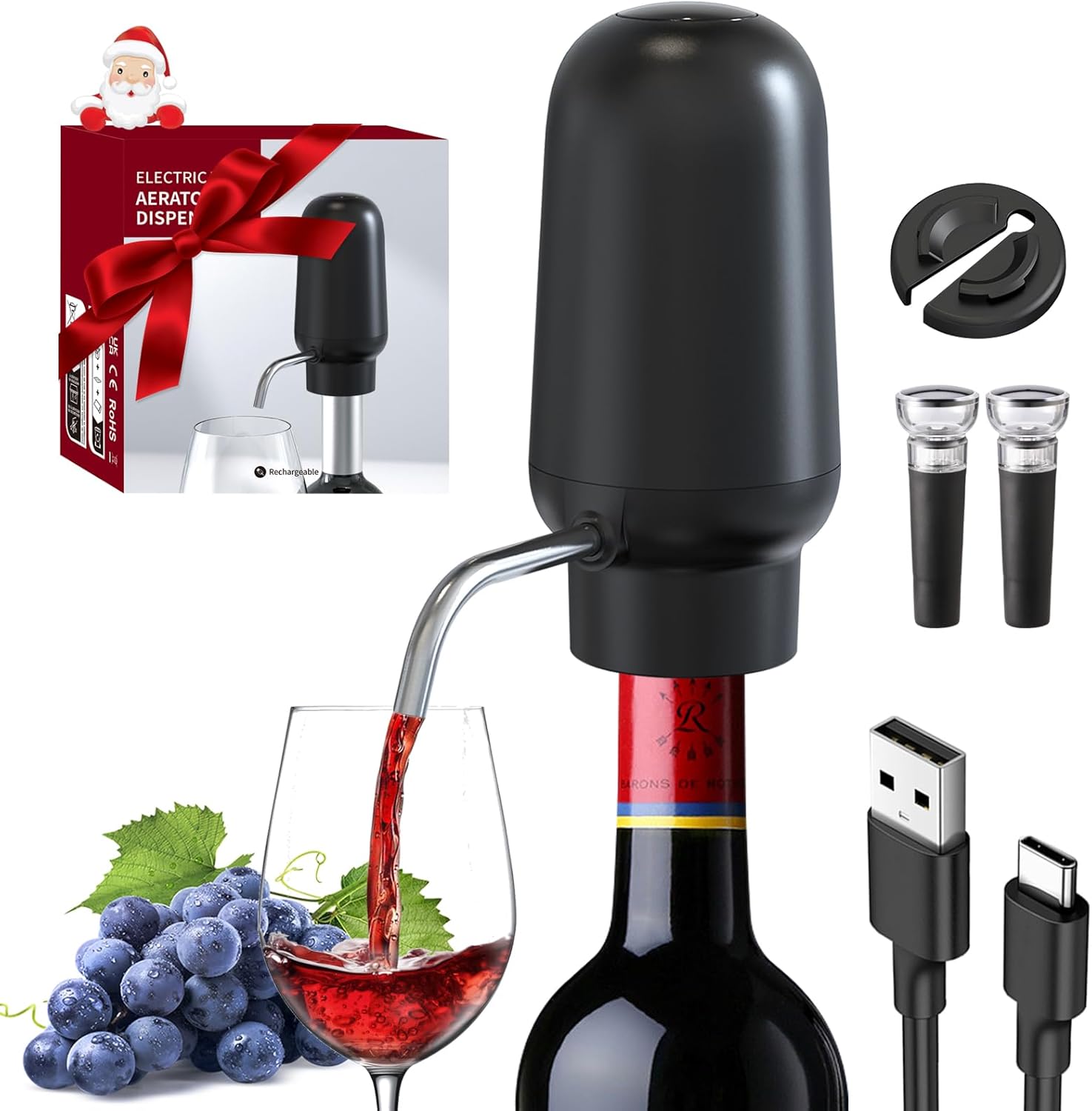 DERGUAM – Vertedor de vino eléctrico, aireador de vino recargable con 2 tapones de vino, aireador automático portátil de un botón con cortador de