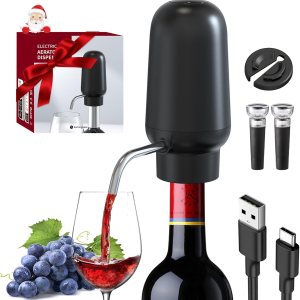 DERGUAM – Vertedor de vino eléctrico, aireador de vino recargable con 2 tapones de vino, aireador automático portátil de un botón con cortador de DERGUAM – Vertedor de vino eléctrico, aireador de vino recargable con 2 tapones de vino, aireador automático portátil de un botón con cortador de