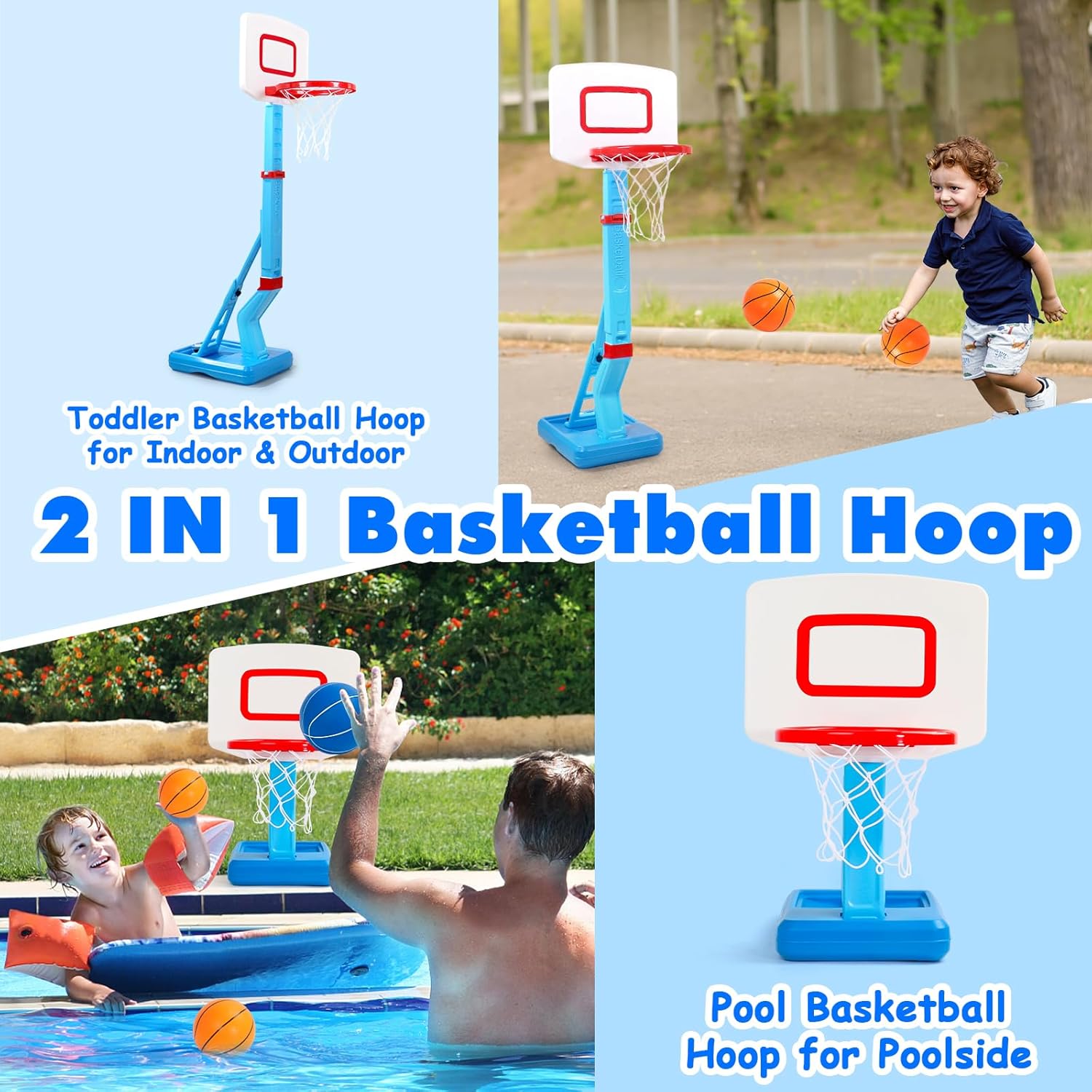 Fajiabao Toddler Basketball Hoop Indoor Adjustable Height Kids Basketball Hoop Outdoor Mini Poolside Basketball Goal with Base, 3 Mini Rubber