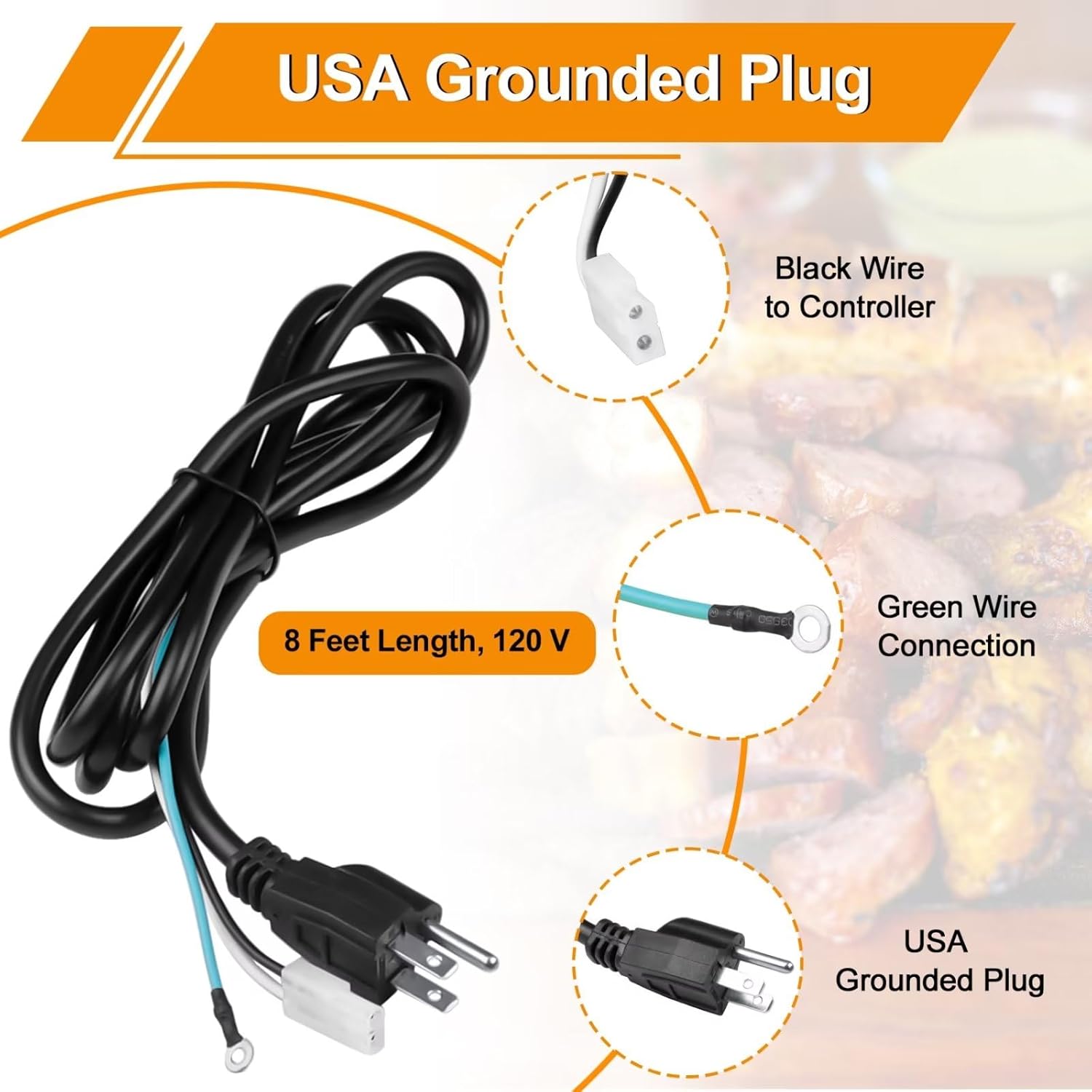 Piezas de repuesto de cable de alimentación de 8 pies compatibles con parrillas para ahumadores de pellets de madera Pit Boss, Traeger