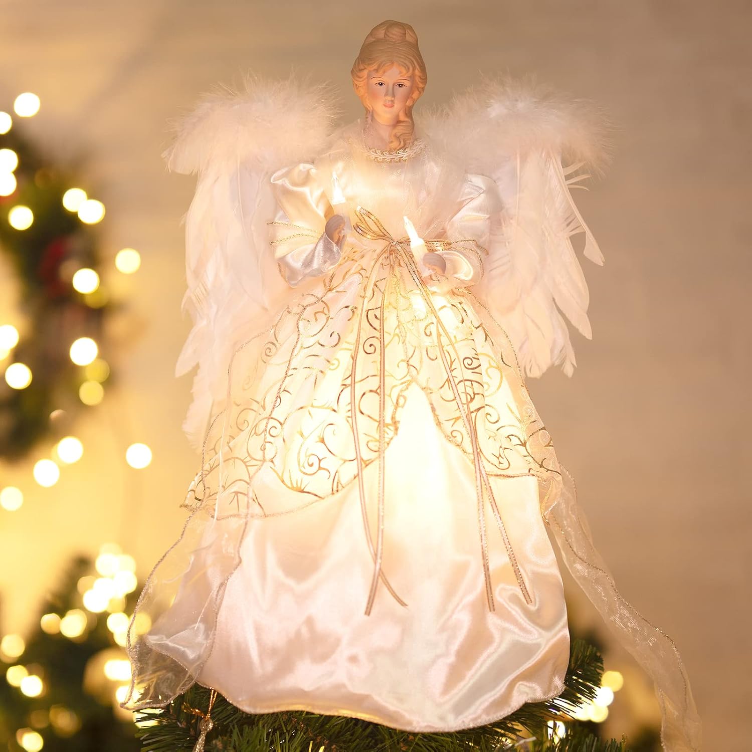 Decoración de árbol de ángel de Navidad con alas de plumas, adorno de árbol de Navidad para interiores, oficina, Navidad, Año Nuevo, decoración de
