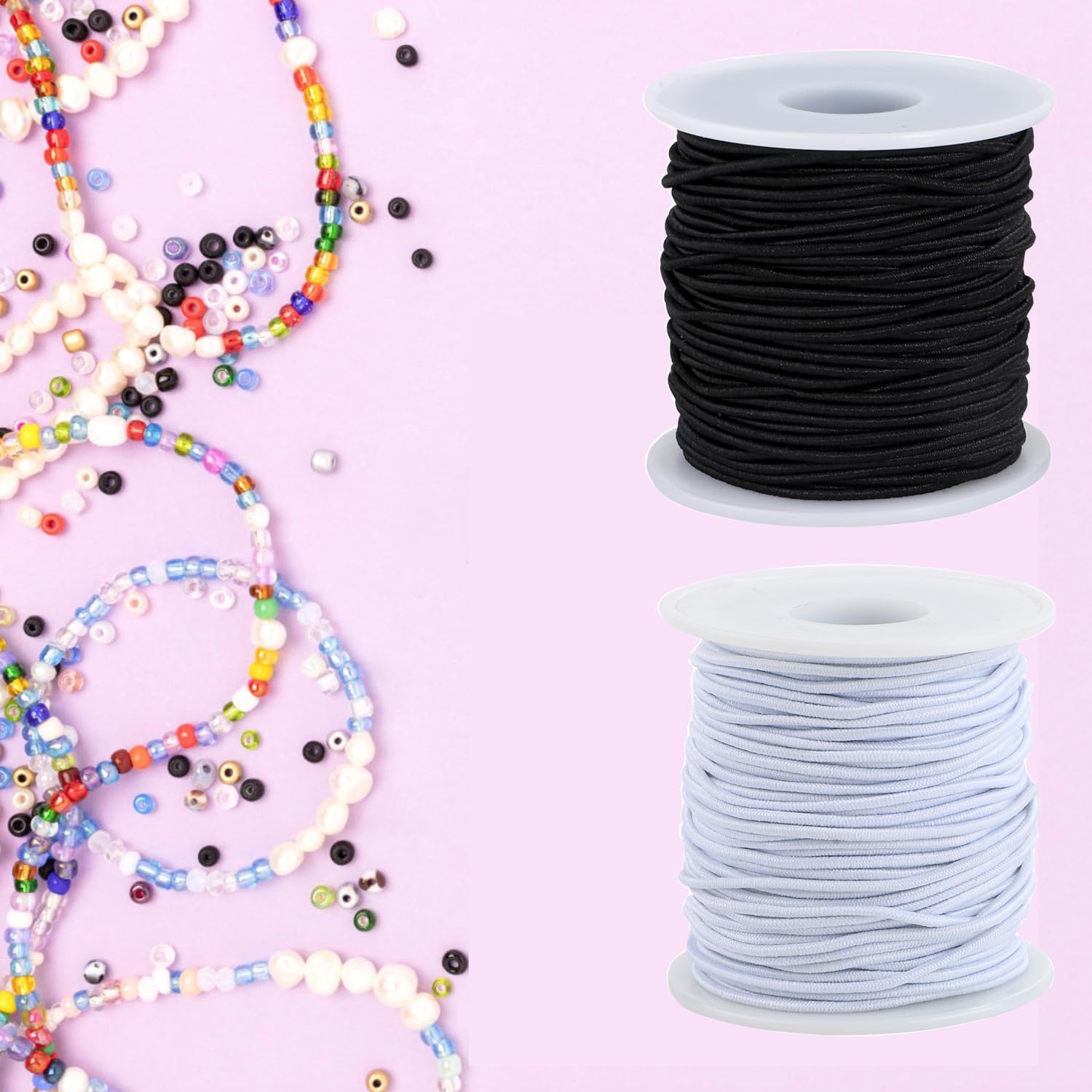 Cuerda elástica para pulsera, 2 rollos de cuerda elástica de 0.059 in para pulseras, joyería, collares, cuentas y manualidades (negro y blanco)