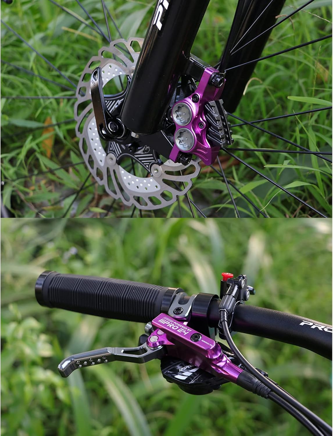 JFOYH Juego de frenos de disco hidráulico E4 MTB de 4 pistones mejorados con pastillas de metal de refrigeración para bicicleta de montaña