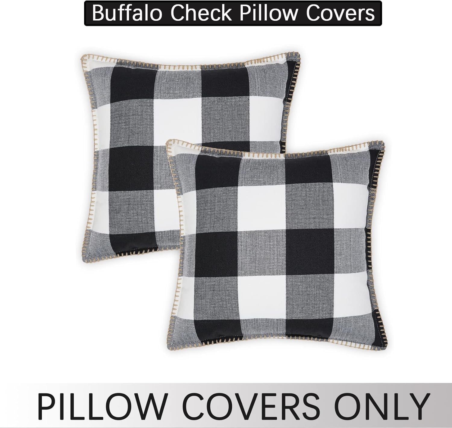 Juego de 2 fundas de almohada de lana cuadriculada con borde recortado para decoración del hogar, cama, sofá, 18 x 18 pulgadas, blanco y negro.