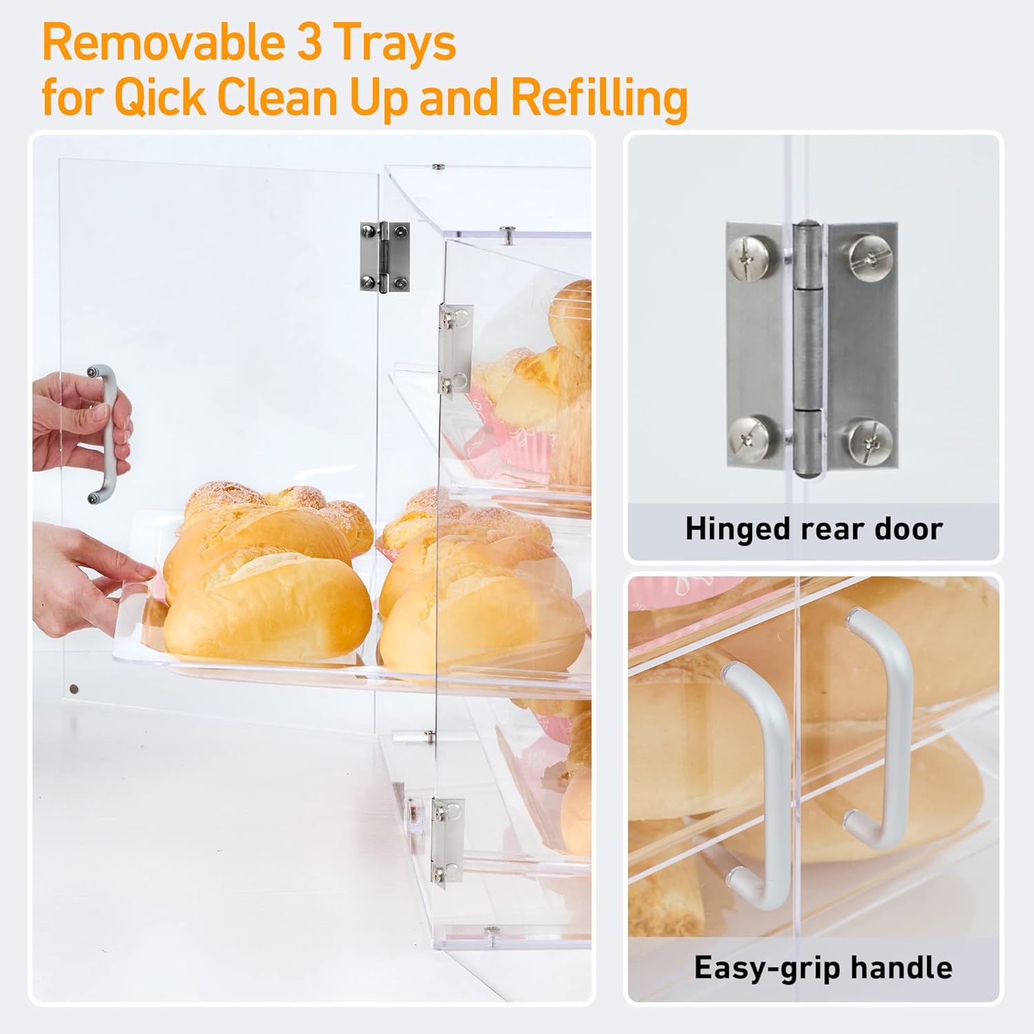 vitrina de pastelería de 3 niveles, vitrina de panadería extraíble con pinza para pan, vitrina de galletas de encimera comercial, acceso a la puerta