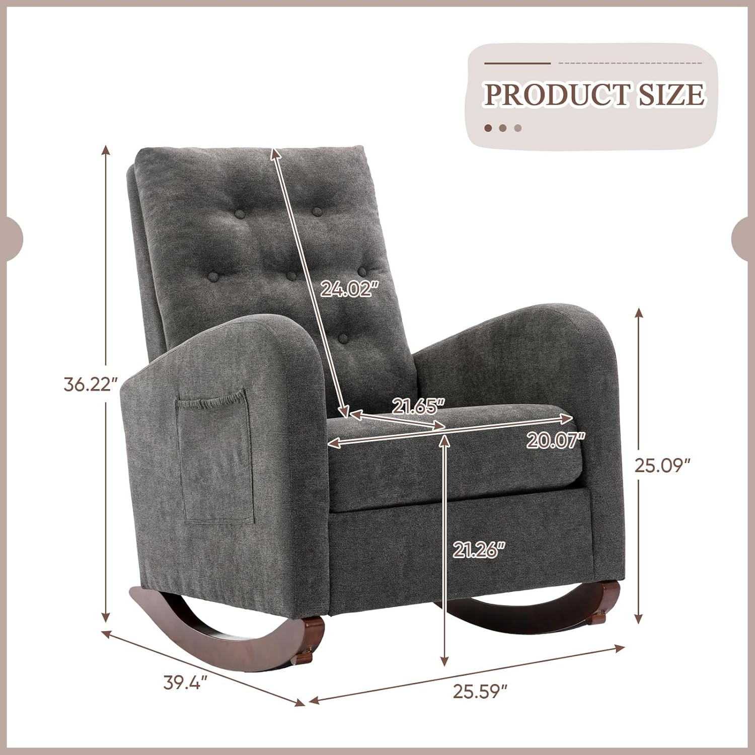 Mecedora moderna para guardería, silla mecedora tapizada con respaldo alto copetudo, cómodo sillón decorativo con cojín grueso y bolsillo grande