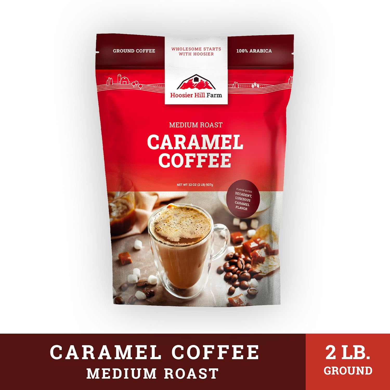 Hoosier Hill Farm Café molido con sabor a caramelo, tostado medio, 32 onzas (2 libras), bolsa resellable