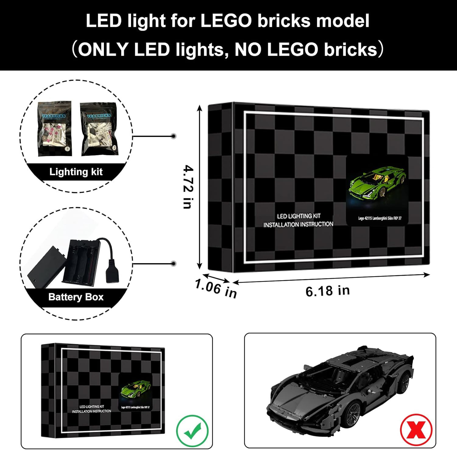 Vaodest Luz LED para Lego Lamborghini Sián FKP 37 42115, diseño y configuración compatible con el modelo 42115 (solo luz LED, no kit de bloques de