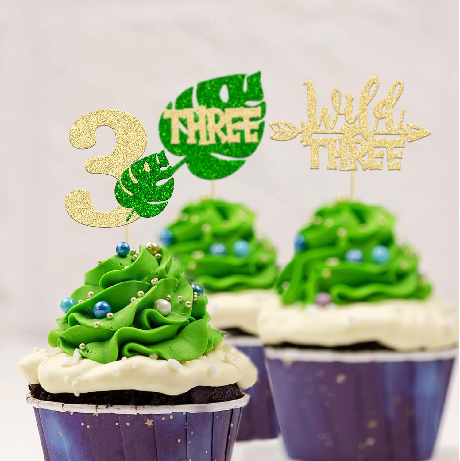 Paquete de 24 adornos para cupcakes de hojas de Monstera con purpurina de safari en la selva, tres púas para cupcakes número 3, decoración de
