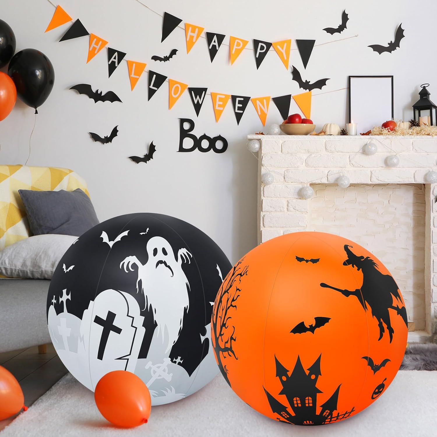 2 piezas de 27 pulgadas que brillan en la oscuridad enorme bola de Halloween con luz LED, bola inflable gigante de Halloween que brilla