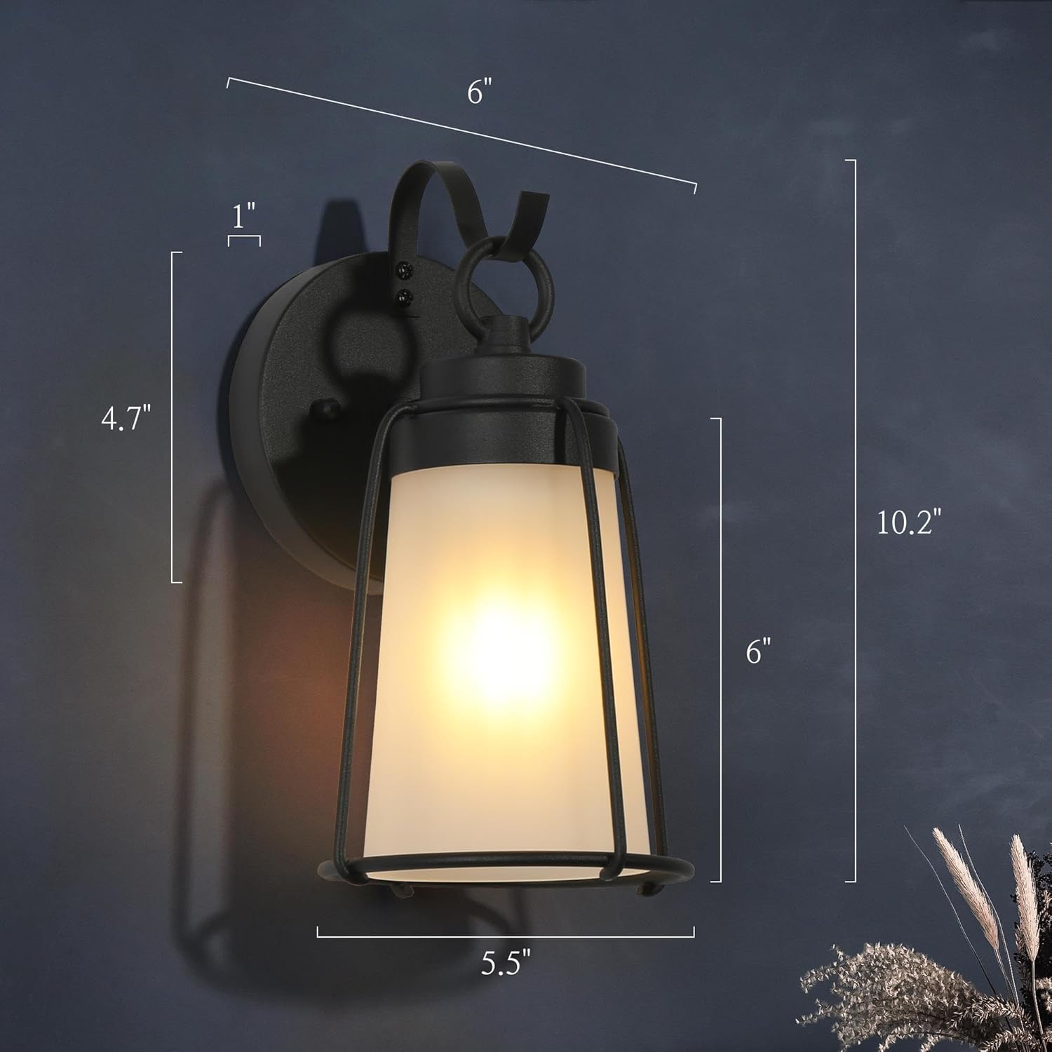 GEPOW Lámpara de pared exterior estilo granja, apliques de pared exterior negra con vidrio esmerilado, luces de porche antioxidantes para puerta