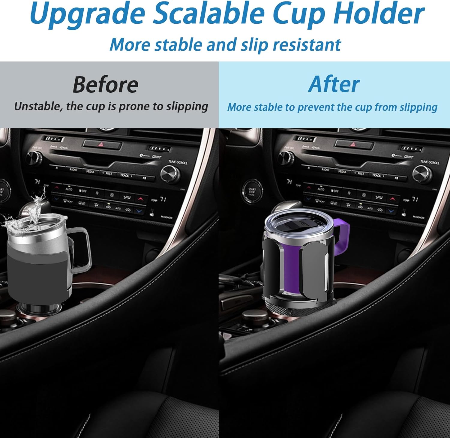 Expansor de portavasos grande mejorado para automóvil se adapta a contenedores de 10 a 64 onzas, 2.95 a 5.5 pulgadas, soporte universal para tazas